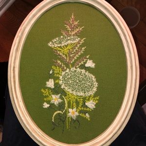 Small Vintage Floral Crewel Embroidery Wall Art